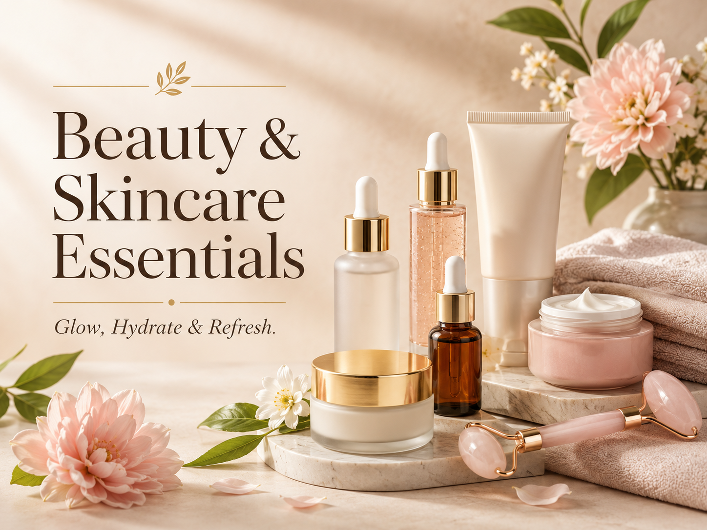 Skincare serums, beauty products and glow essentials collection
