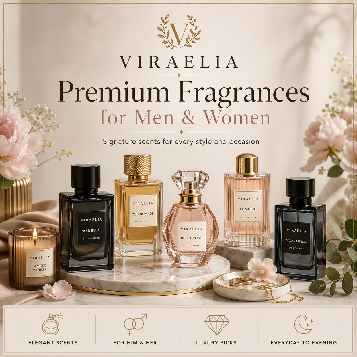 Men’s and women’s perfume bottles in the Viraelia fragrance collection