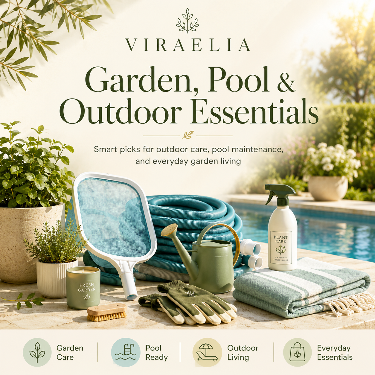 Garden hoses, pool cleaning tools and outdoor maintenance accessories