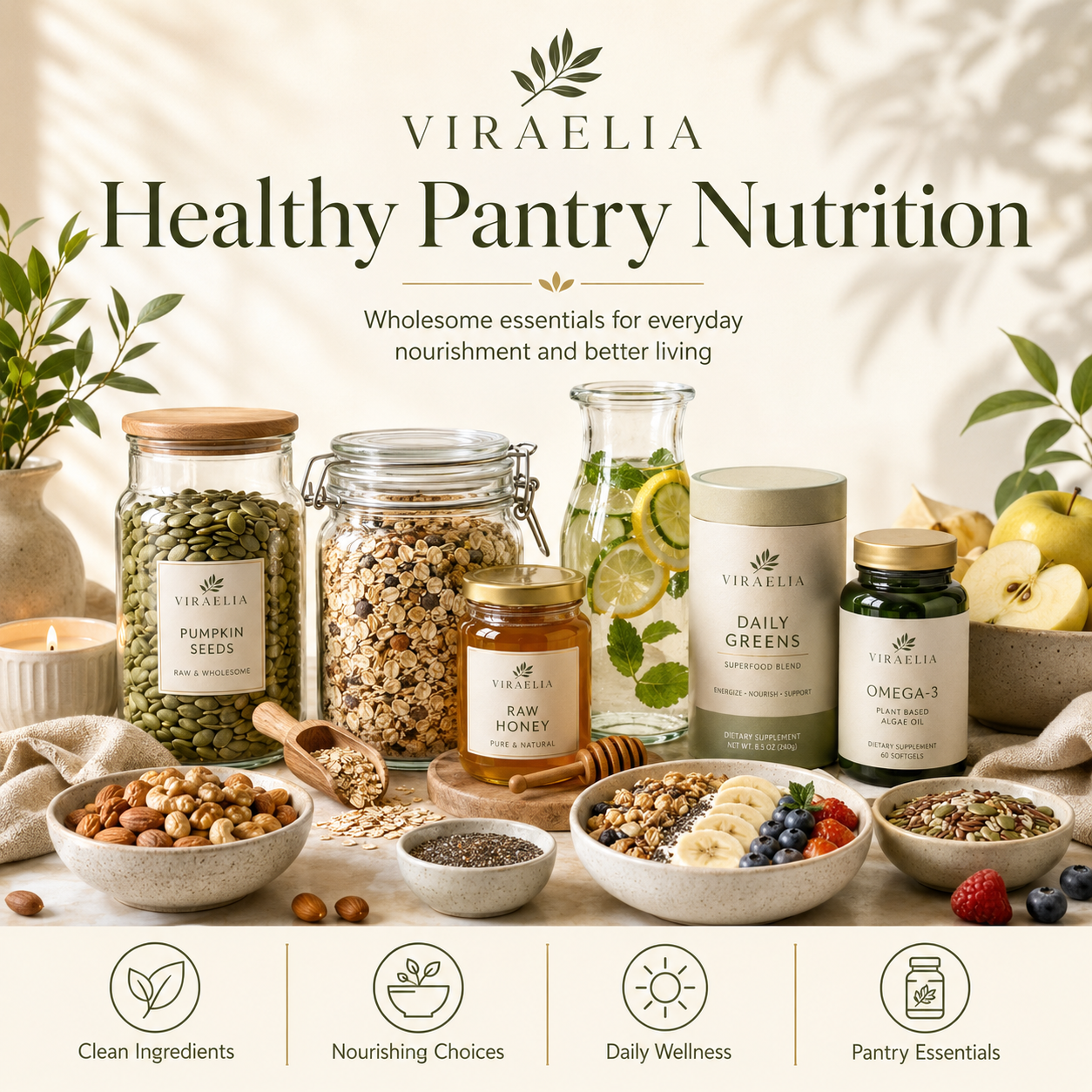 Healthy pantry products including seeds, fiber and collagen powders