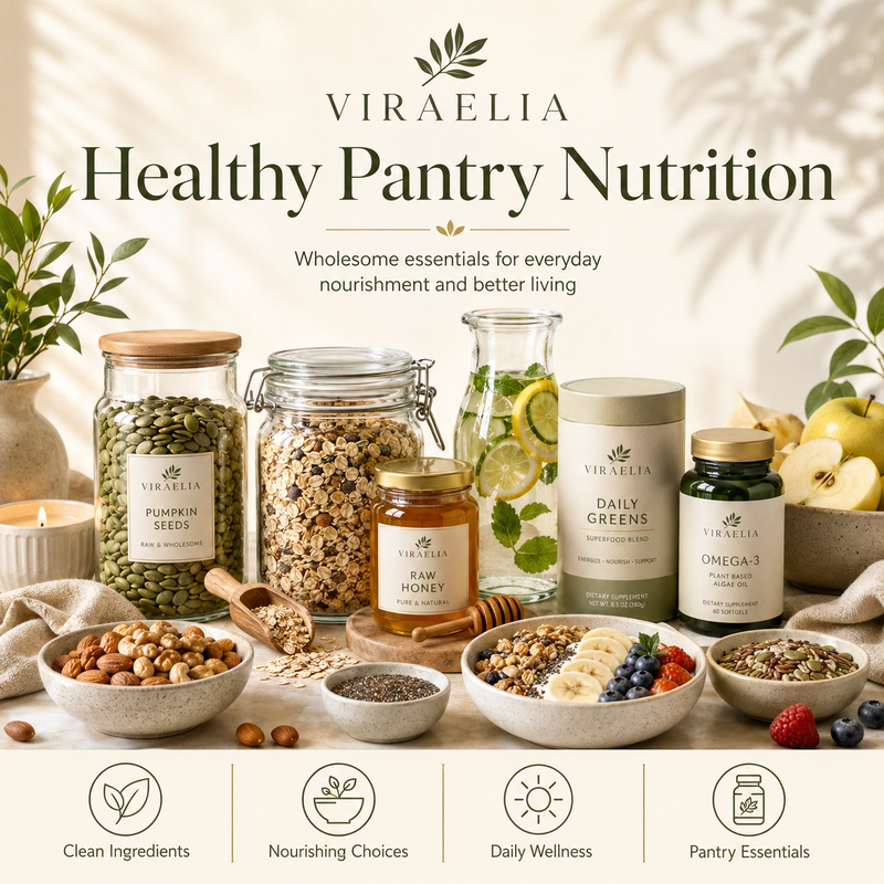 Healthy pantry products including seeds, fiber and collagen powders