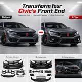 Honda Civic Type R Style Front Bumper with Grille & Front Lip
