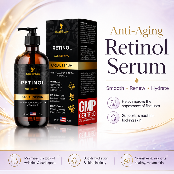 InstaSkincare Anti-aging Retinol Face Serum Vitamin C, A, E Hyaluronic Acid 8oz