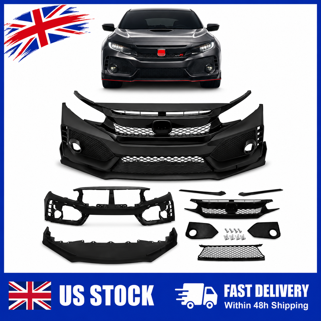 Honda Civic Type R Style Front Bumper with Grille & Front Lip