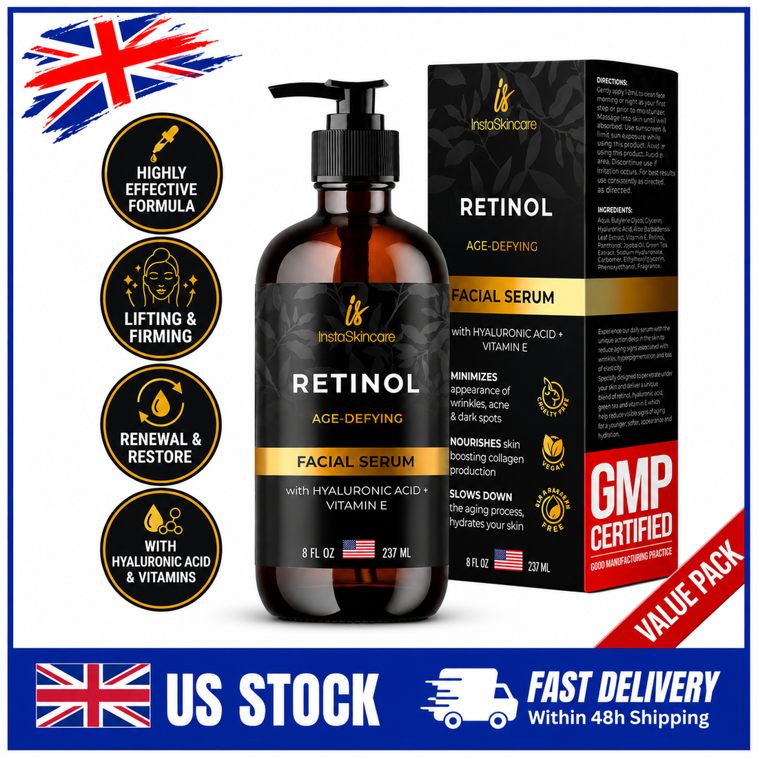 InstaSkincare Anti-aging Retinol Face Serum Vitamin C, A, E Hyaluronic Acid 8oz