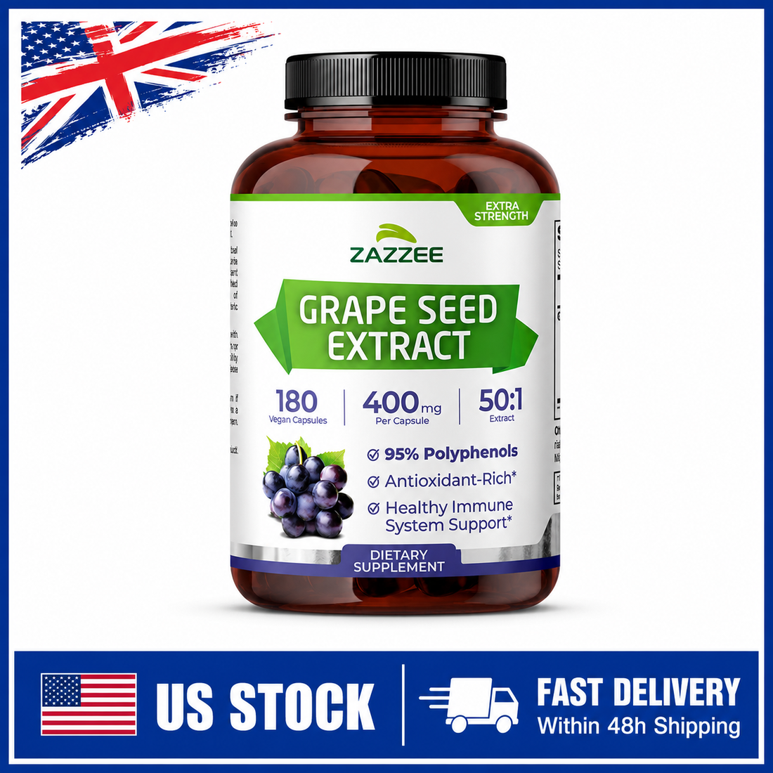 Premium Grape Seed Extract 400mg by Zazzee 180 Capsules