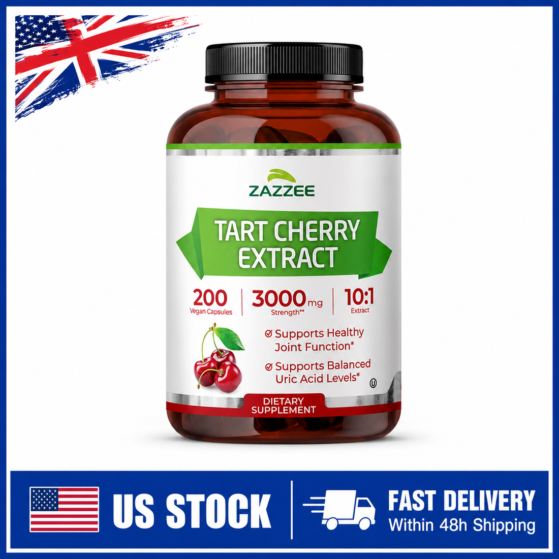 Zazzee Tart Cherry 3000mg Vegan Supplement 200 Capsules